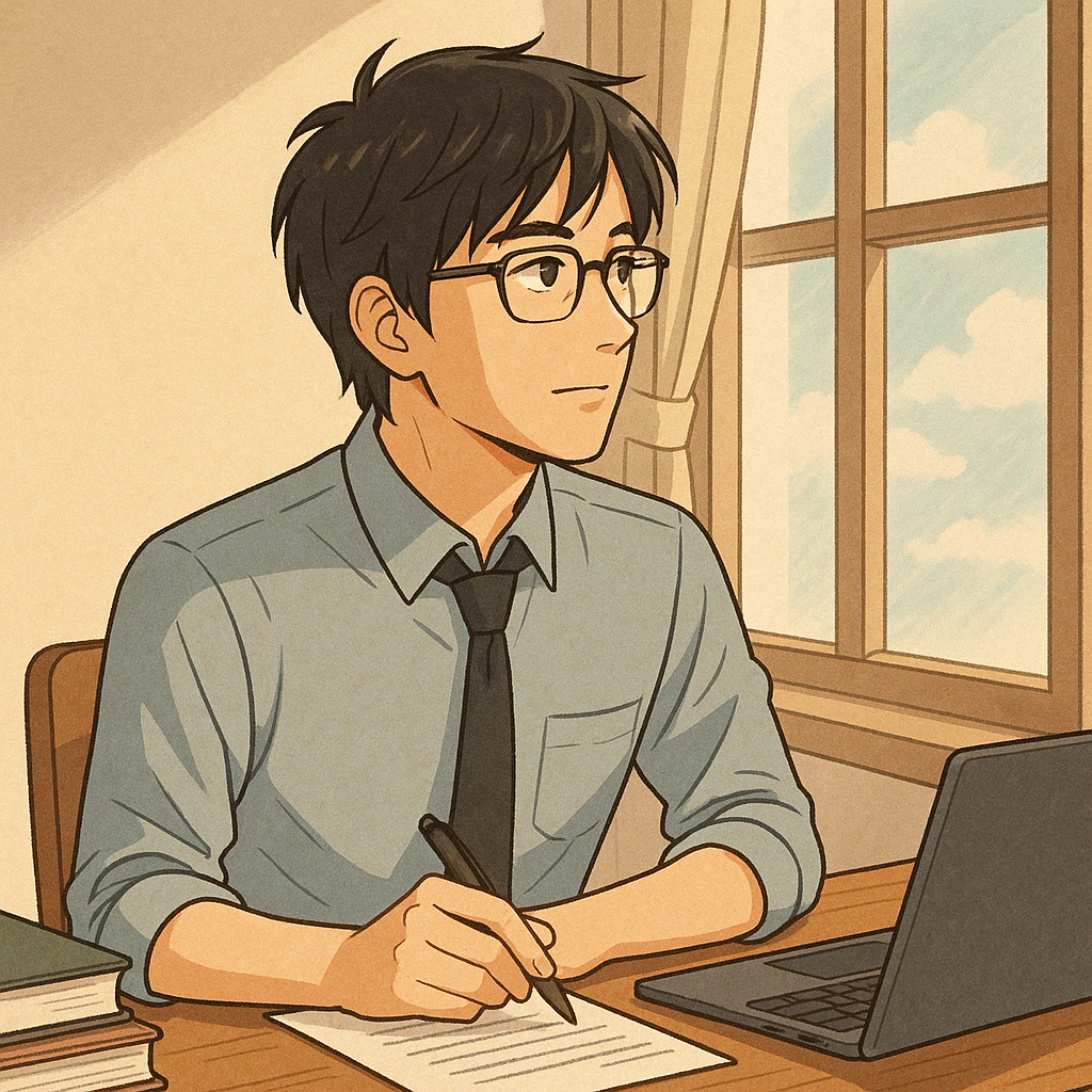 デスクで仕事をしながら窓の外を眺める男性