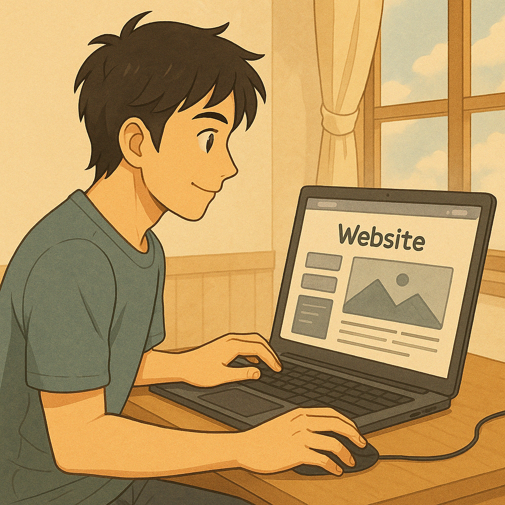 パソコンでウェブサイトを制作する男性