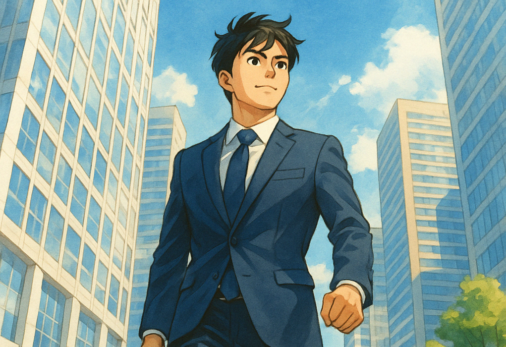 明るいオフィス街を堂々と颯爽と歩く男性