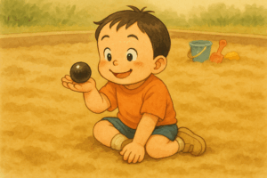 土団子を眺める男児