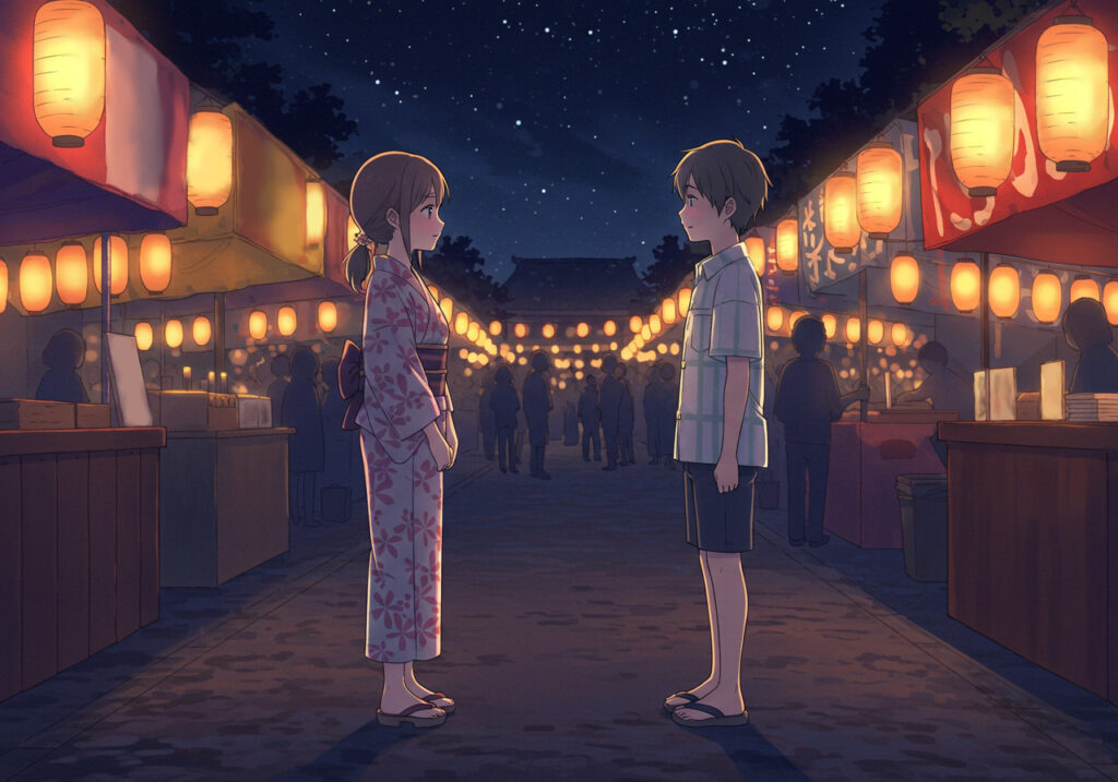 お祭りで向き合う二人