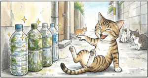 猫除けペットボトルを指さして笑う猫