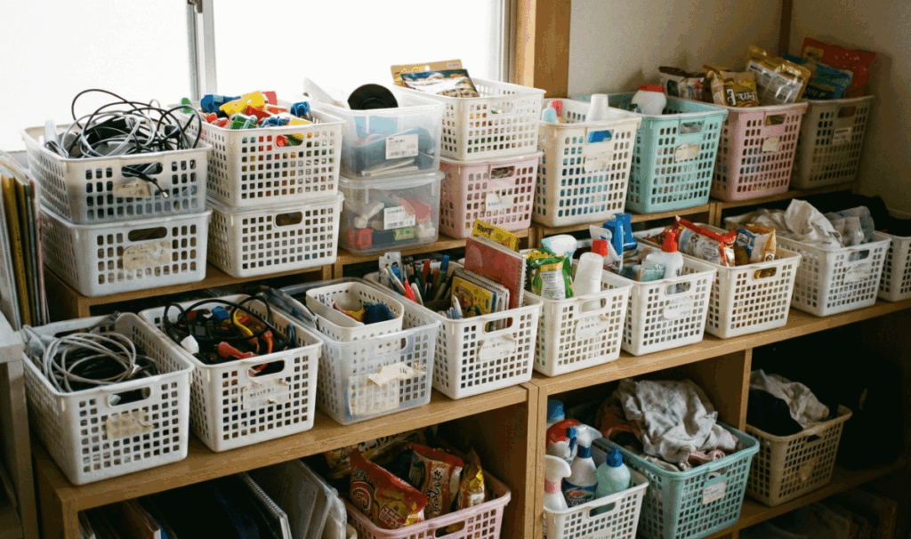 収納ボックスに大量に詰め込まれた雑貨