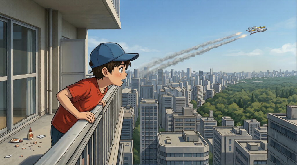 ロケット花火飛行機が遠くへ飛んでいく